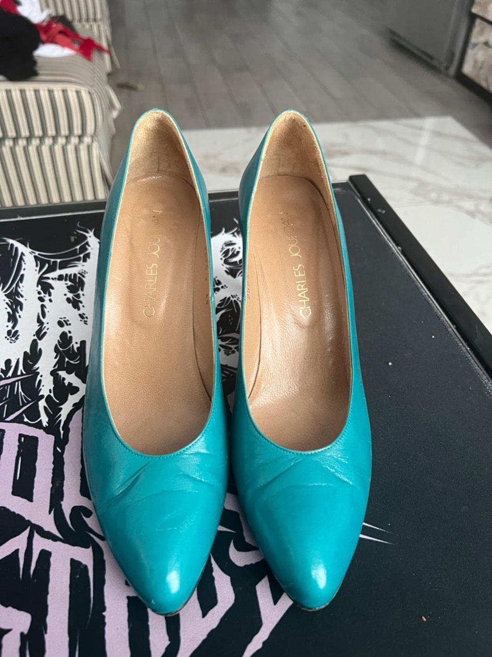 Charles Jourdan Teal Pointed-Toe Leather Pumps